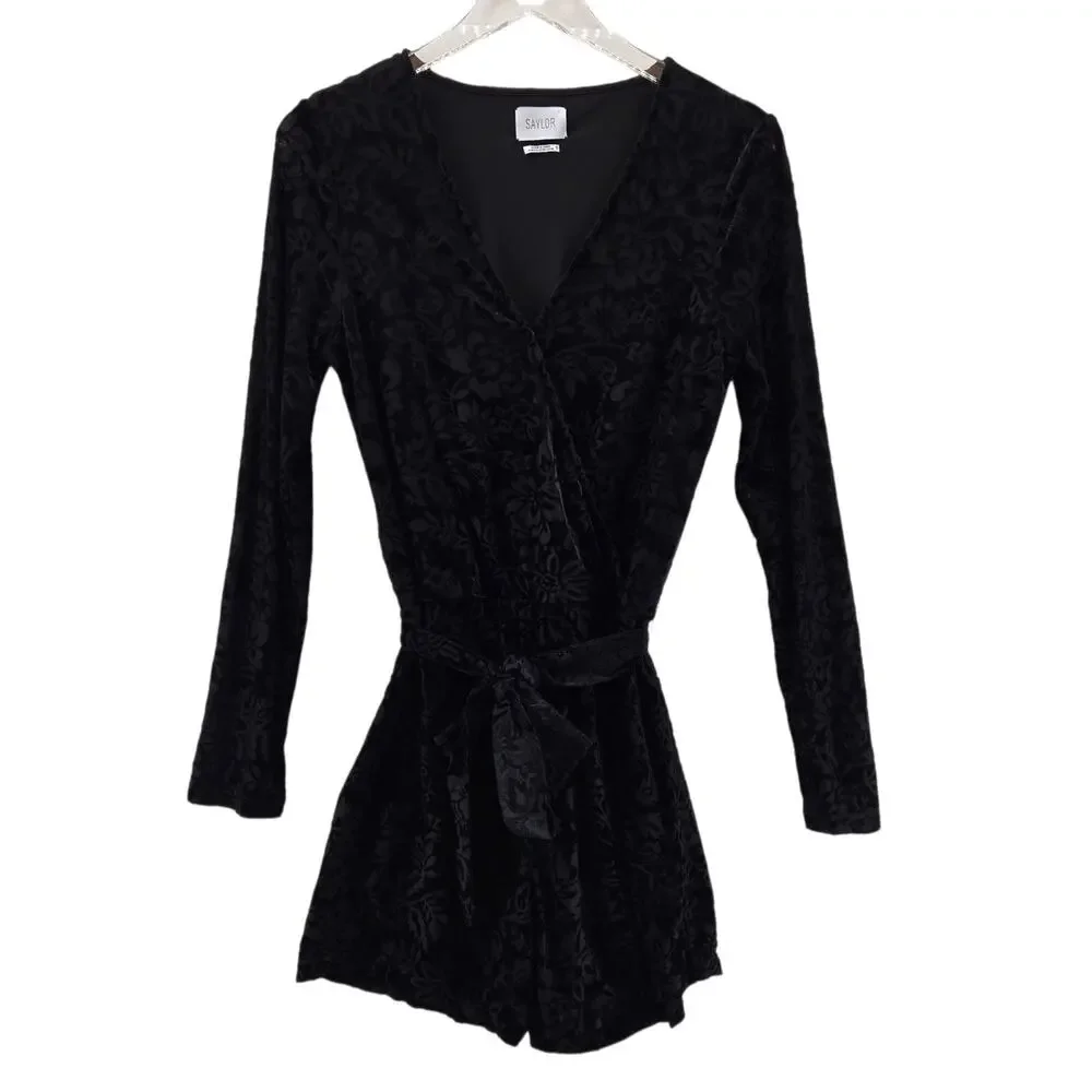Anthropologie Saylor Romper Womens Small Black Burnout Velvet Floral Long Sleeve